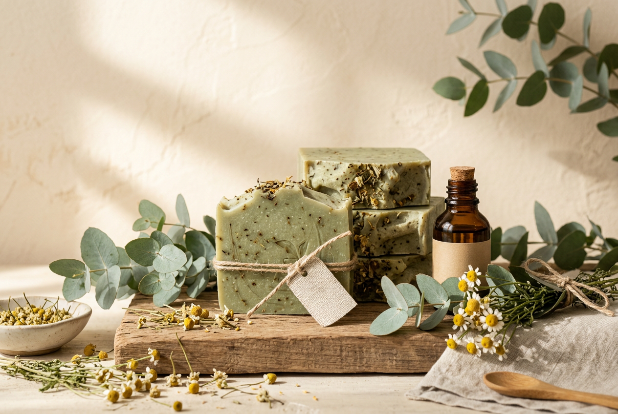 Sabonetes naturais e folhas sobre uma mesa clara